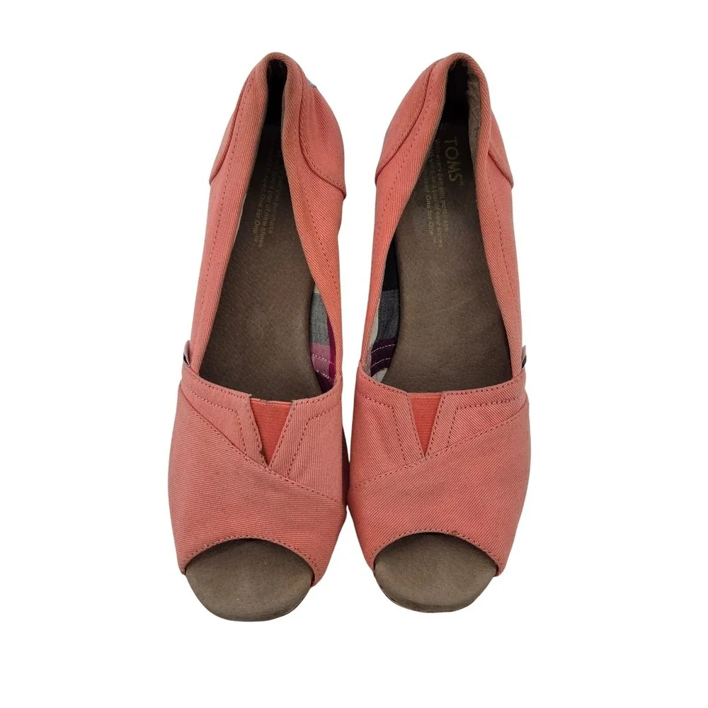 TOMS Coral Pink Canvas‎ Peep Toe 3 inch Wedge Espadrilles Shoes Womens 8.5